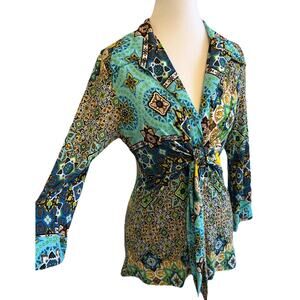 VTG 90s Boho Sexy Top Women’s S Stretch Retro Tropical Abstract ¾ Mesmerize